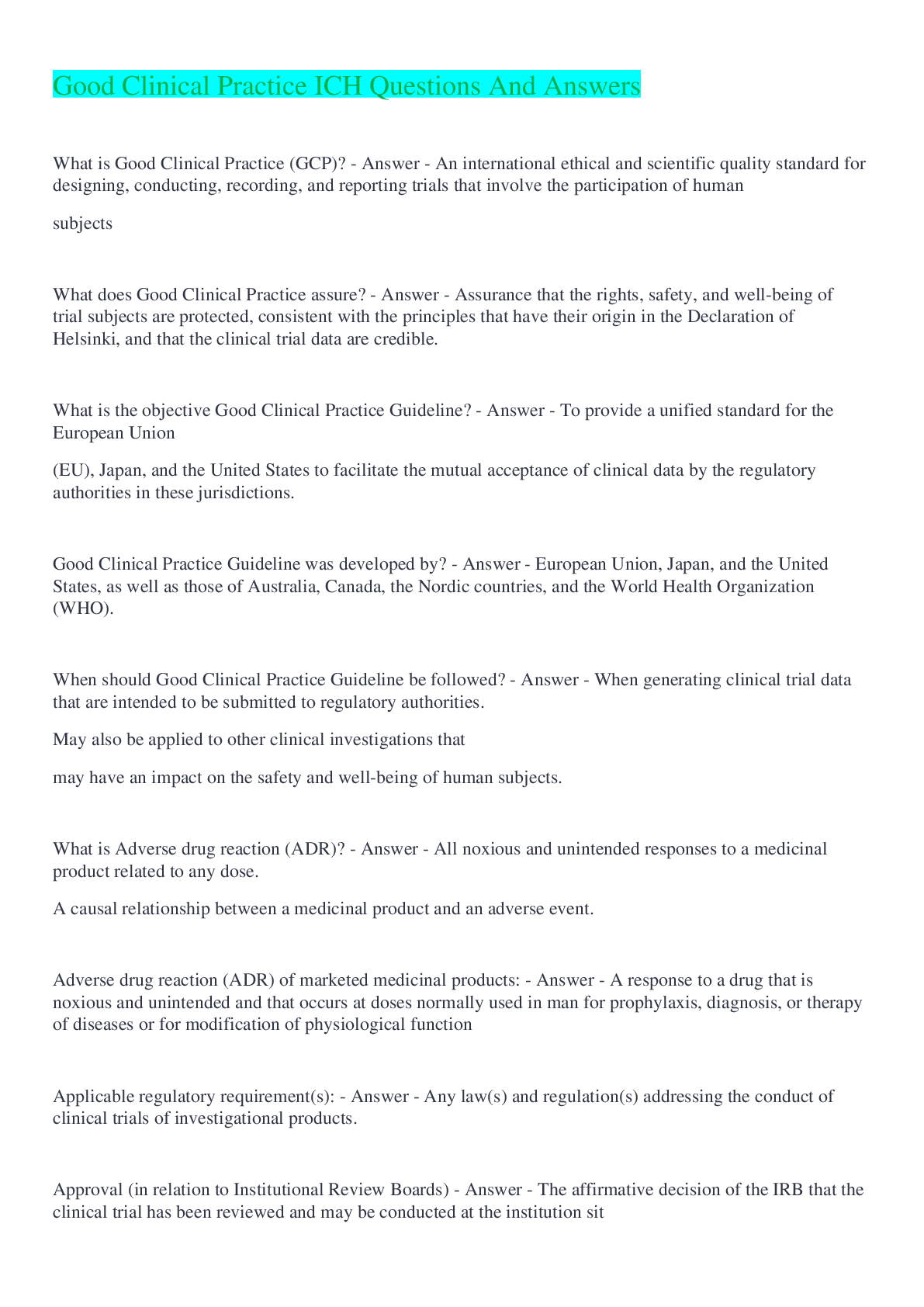 Preview of Good Clinical Practice ICH Questions And Answers 2022/2023
